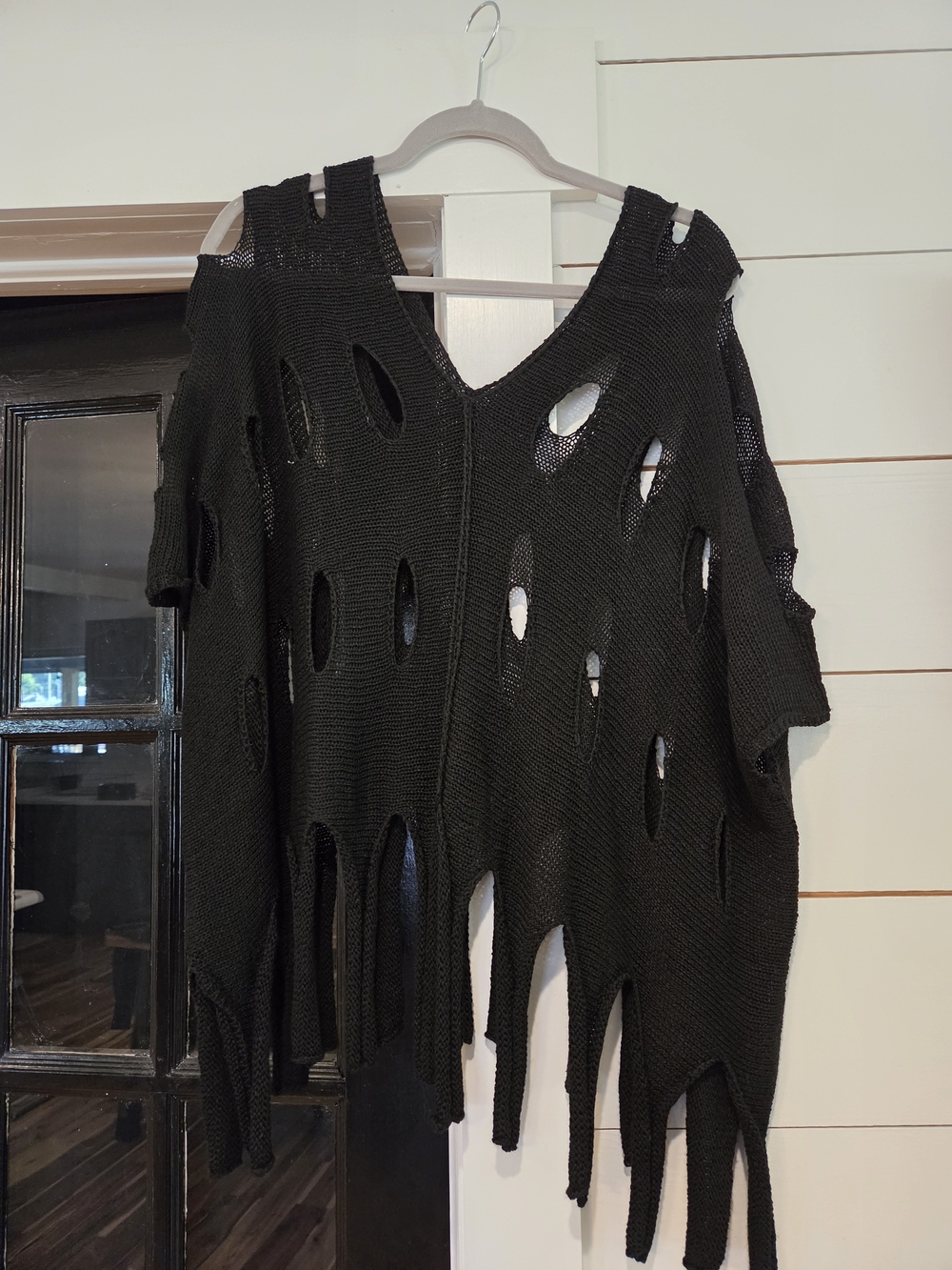 Black Distressed Open-Knit Women's Sweater